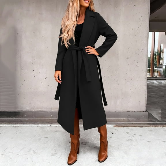 CCRFTGI Coats for Women Casual Belted Wool Trench Mid Long Pea Coats Trendy Lapel Collar Coat Winter Jacket Outwear with Belt Black 3XL