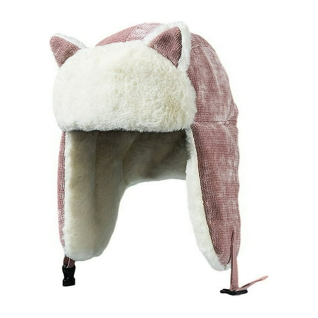 Women Warm Trapper Hat with Cat Ears Thickened Windproof Ear Protection Cozy Velvet-lined Ladies Hat