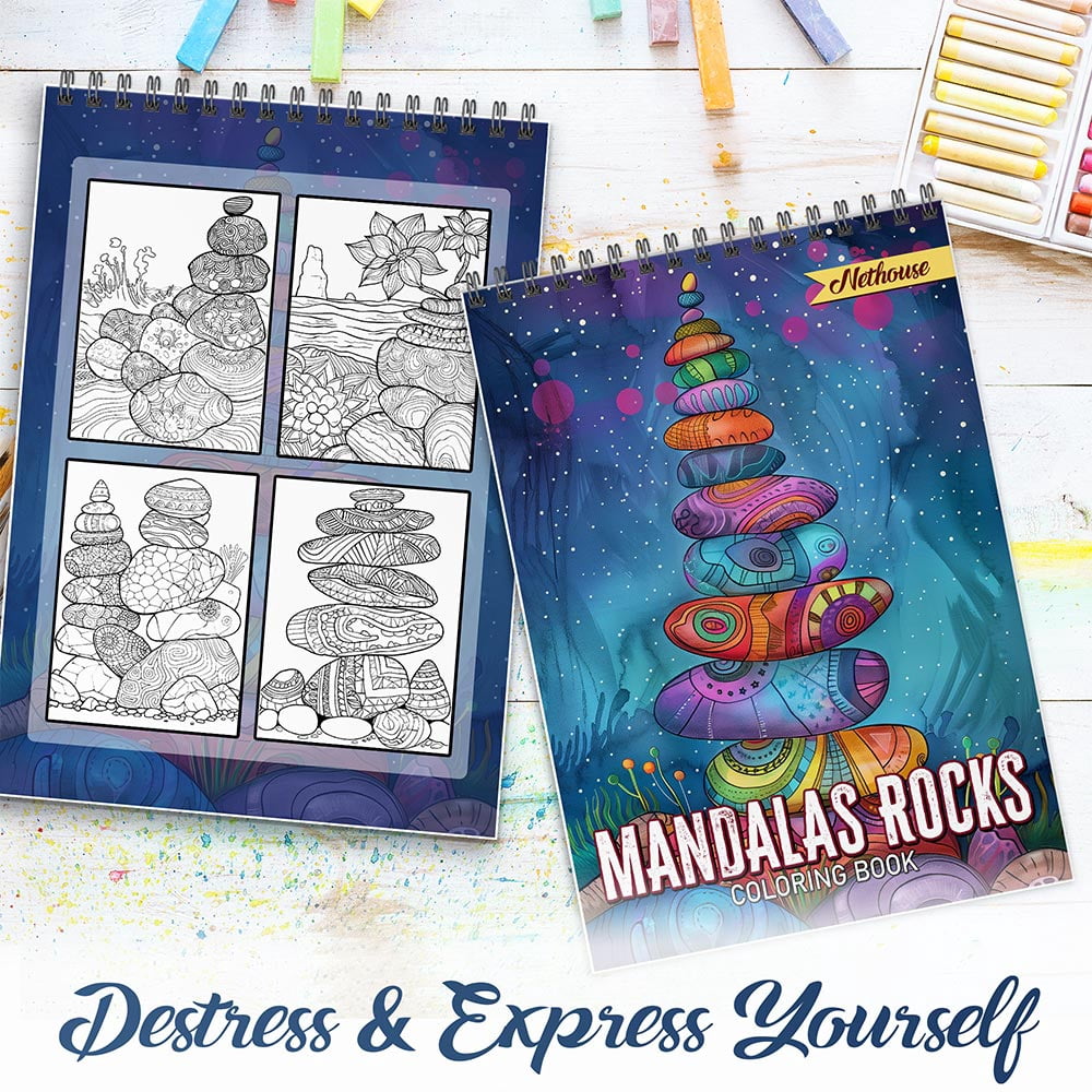 NETHOUSE Mandalas Rocks Coloring Book For Adults Relaxation & Stress Relief, 30 Coloring Pages Featuring Mandala Rocks, Intricate Stone Patterns, Calming Zen Designs, and Meditative Artworks
