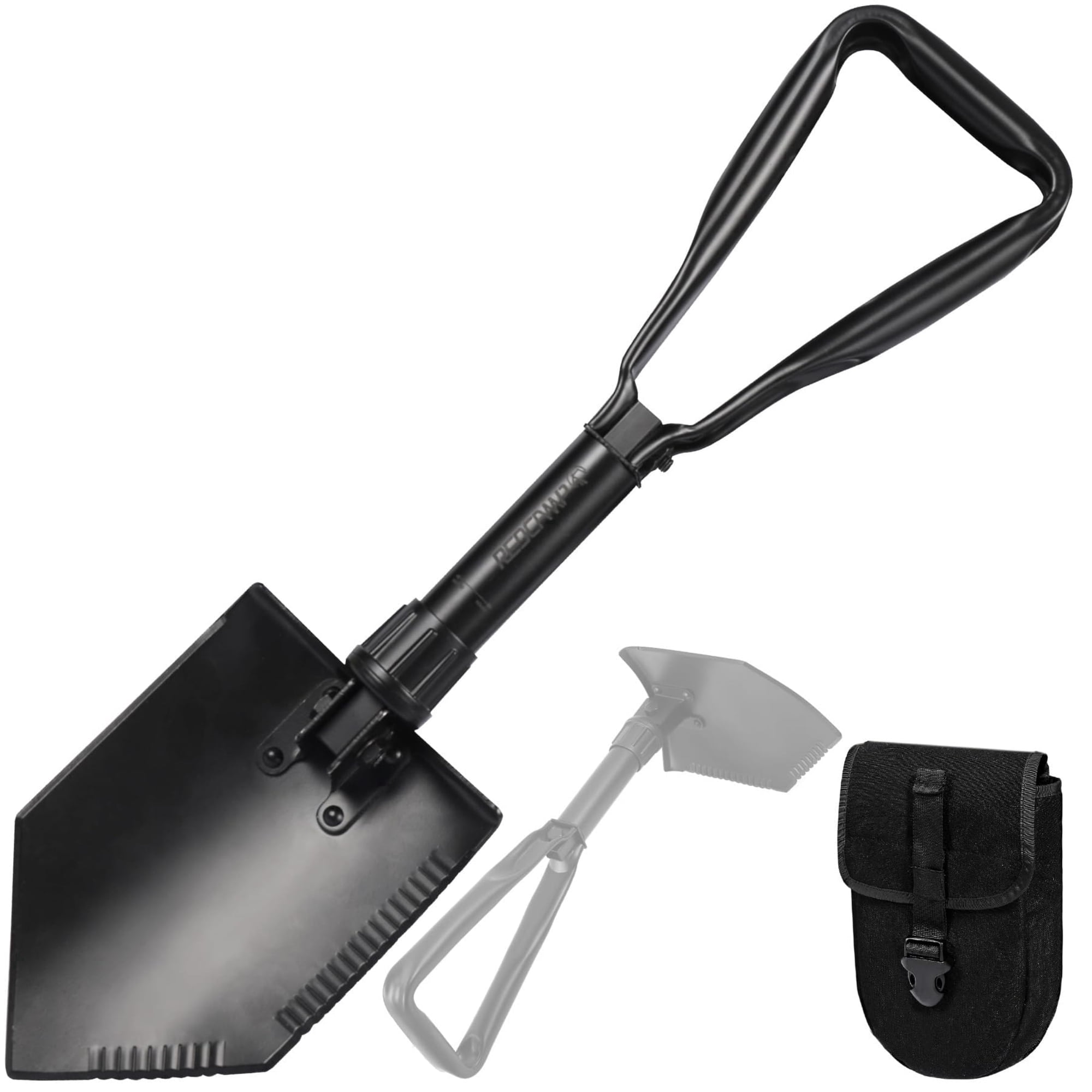 REDCAMP 23 Survival Folding Camping Shovel Manganese Steel Heavy Duty Tactical Tri-Fold Handle for Hiking Beach Snow Sand Mud Black