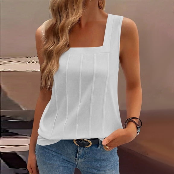 Women's Summer Tank Tops Sleeveless Square Neck Slim Fitted Casual Basic Tops, White M
