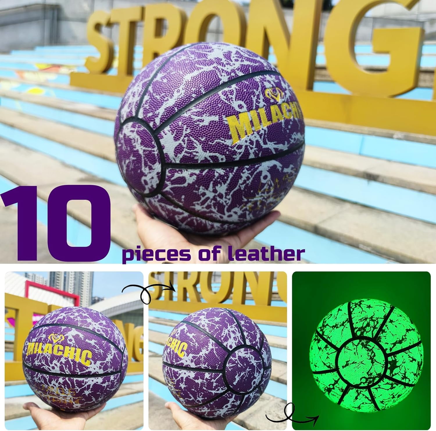 Basketball, Glow in The Dark Holographic Basketball, Official Size 7 Indoor Outdoor Luminous Glowing Leather Basketball 29.5" - with Pump