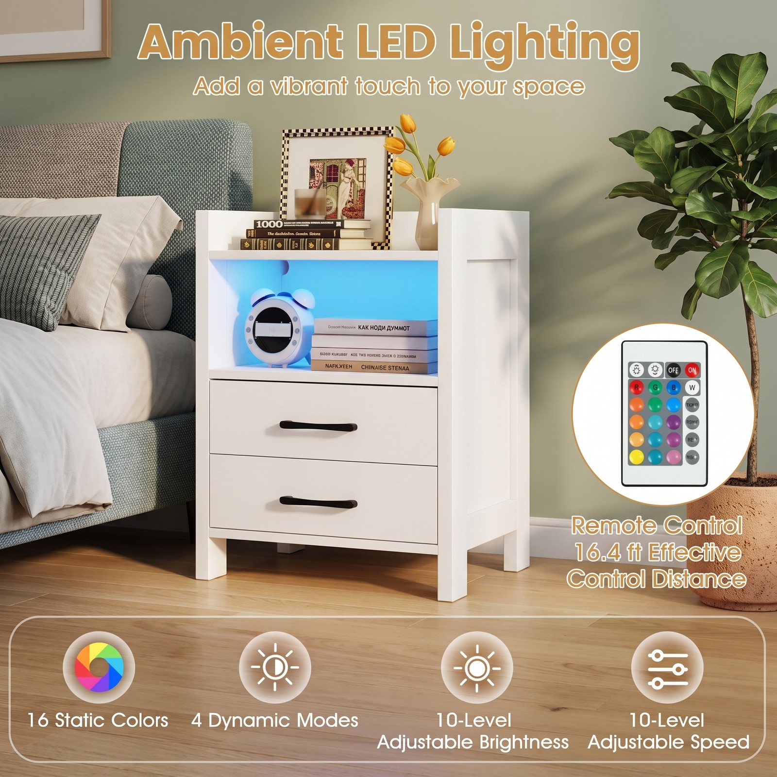 Furnibear 23.5 Inch Nightstand with Charging Station, USB & Type-C Ports, RGB LED Light, 2 Drawers and Open Storage Shelf, Modern Bedside Table for Bedroom, White