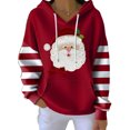 thumbnail image 2 of CAIVO Sweatshirts Women Ribbed Hoodie Soft Comfort Adjustable Drawstring Front Pocket Cute Santa Face Print Striped Sleeve Patchwork Pullover Hoodie Christmas Holiday Casual Streetwear Versatile Tops, 2 of 4