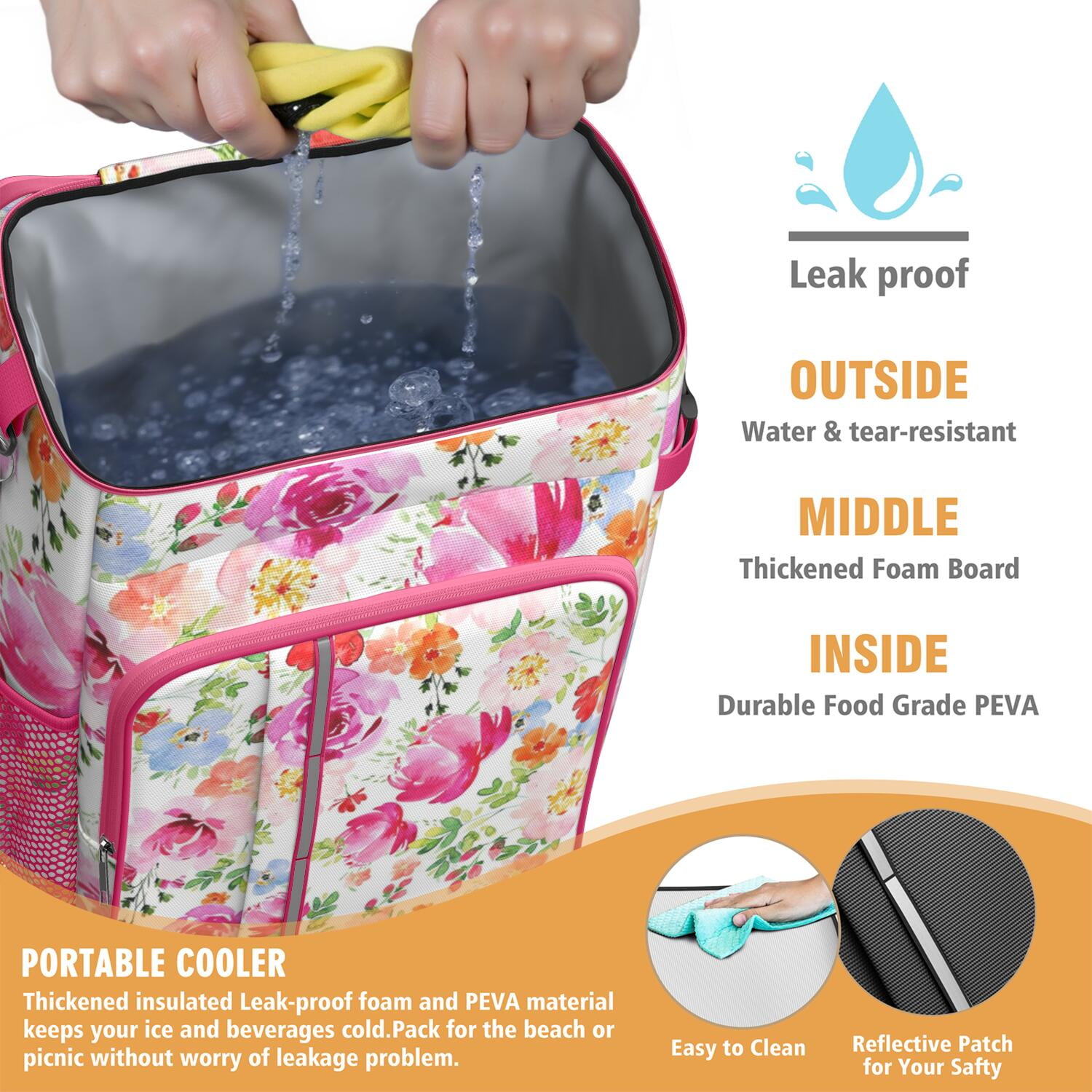 Travel Cooler Bag - Pioneer Flower Floral Print Pattern Camping Beer Cooler Backpack with Bottle Opener- Waterproof Insulated Picnic Backpacks - Cooler Bag for Beach