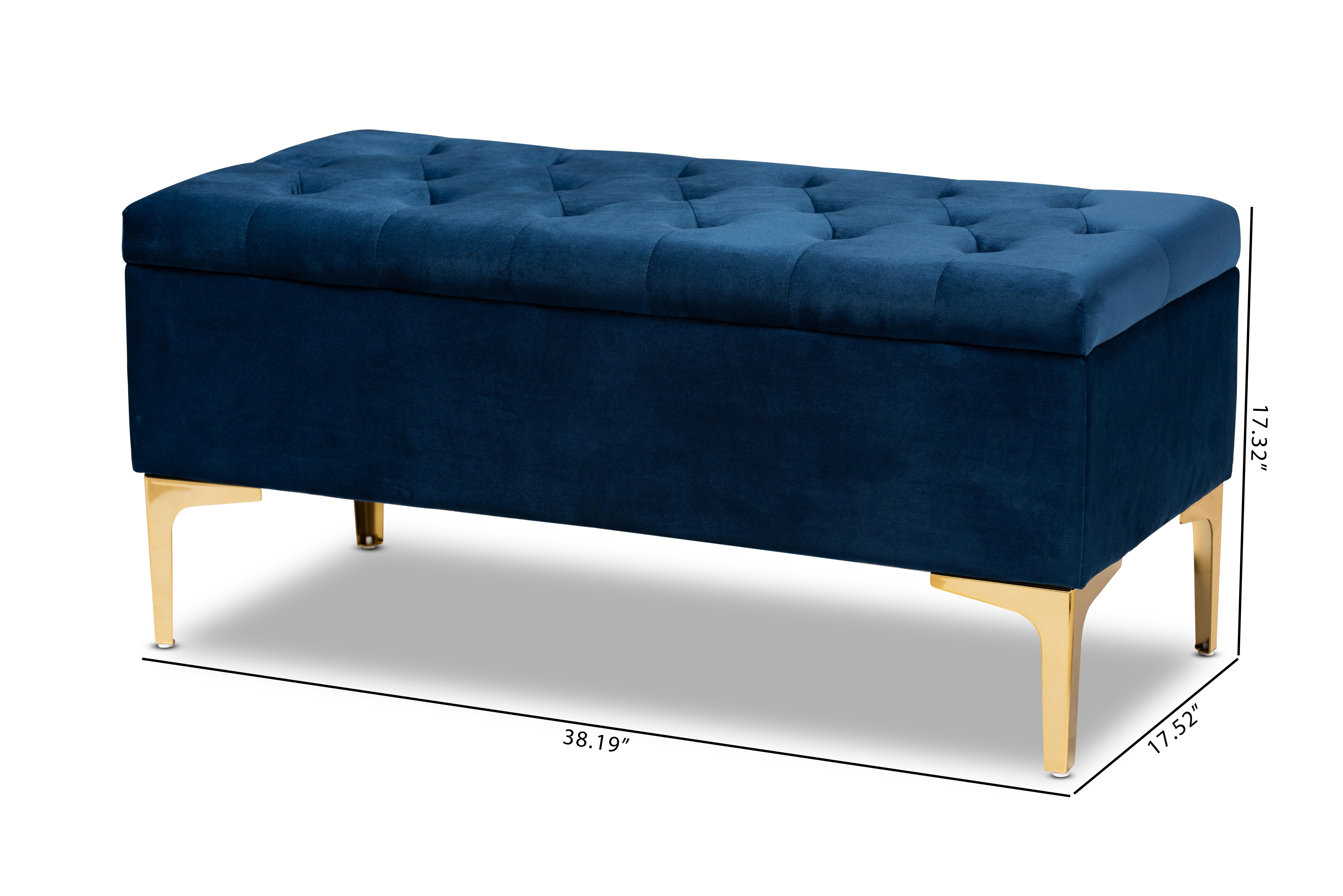 Baxton Studio Valere Glam and Luxe Navy Blue Velvet Fabric Upholstered Gold Finished Button Tufted Storage Ottoman