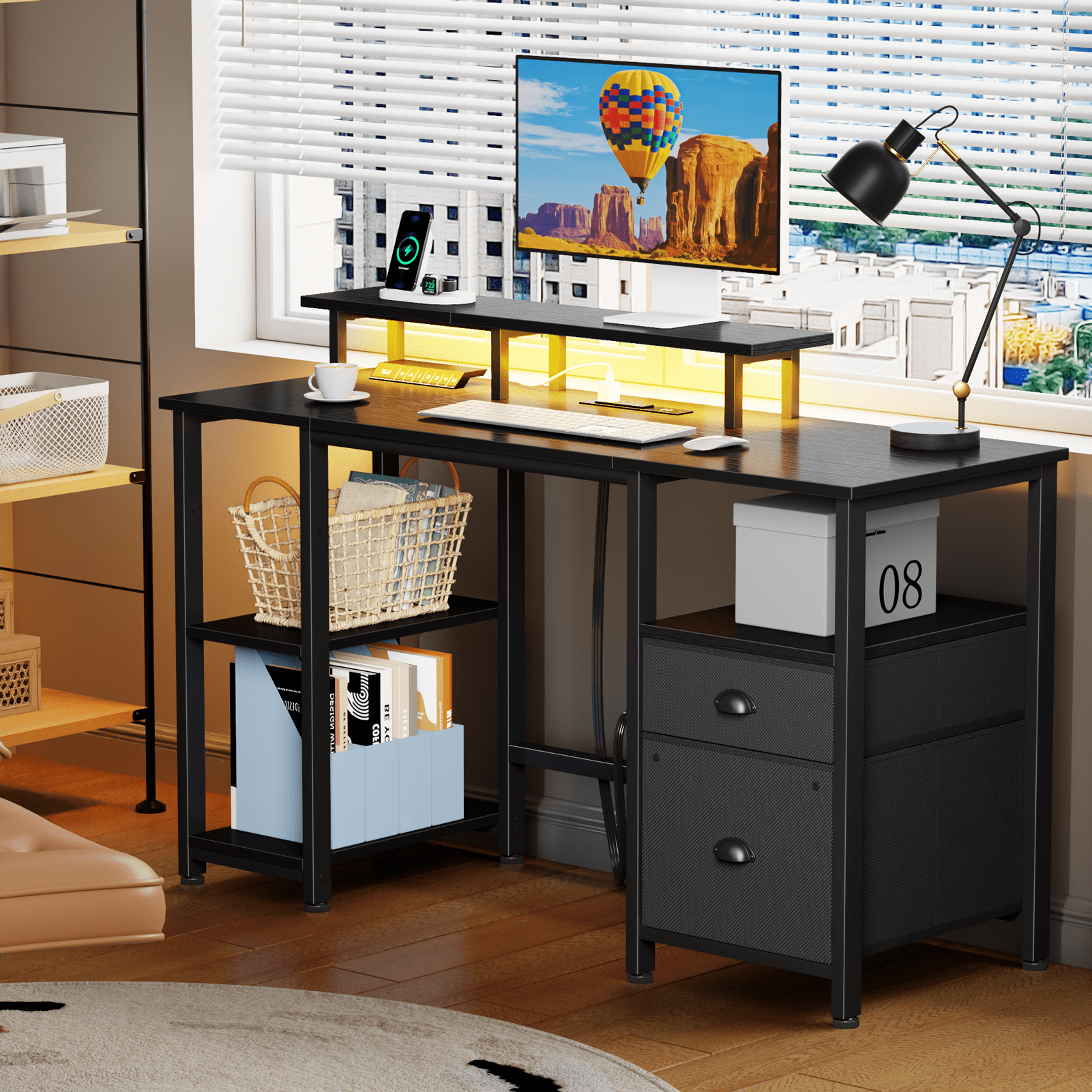 Satifur 51" Reversible 2-Tier Computer Desk with Power Outlet, LED Lights, File Cabinet & Storage Shelves,Black
