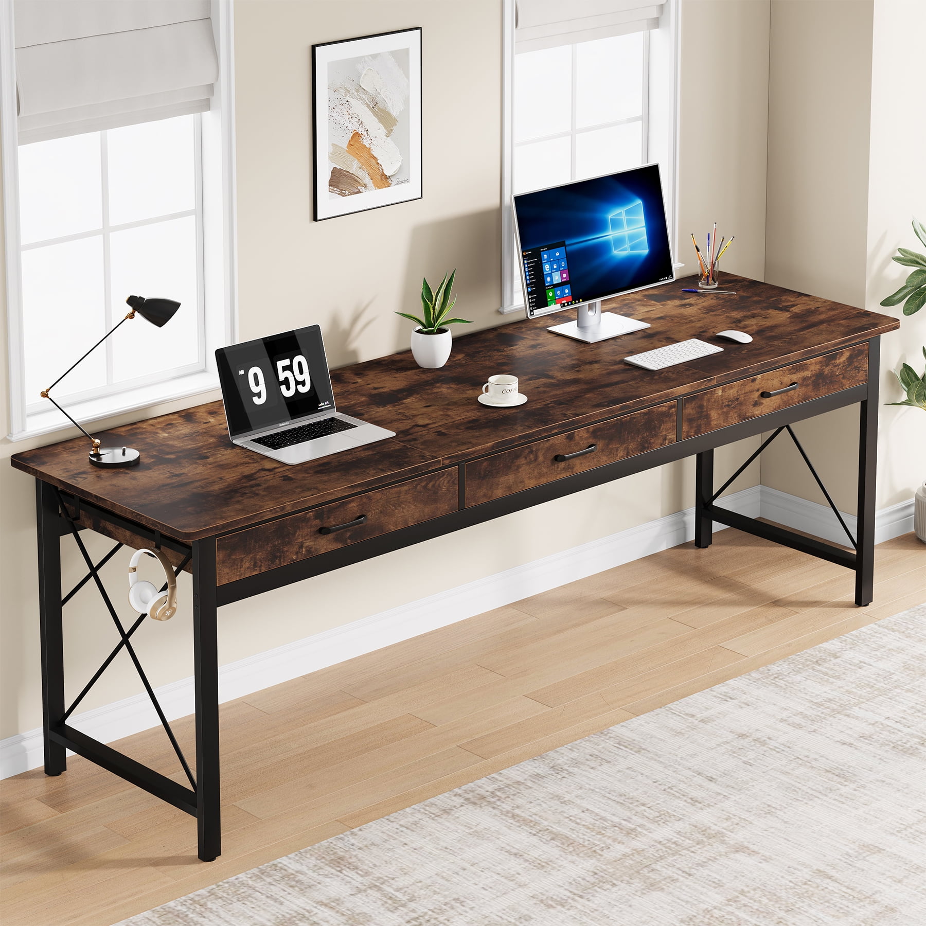 Condemo 78.7 inch Extra Long Computer Desk, Double Desk with 3 Drawers, Two Person Desk with Hooks, Industrial Writing Study Table Workstation for Home Office, Rustic Brown and Black