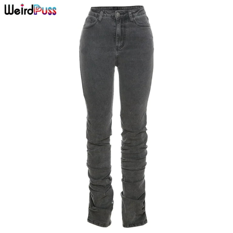 Weird puss Y2K Stacked High Waist Jeans Women Cotton Split Skinny