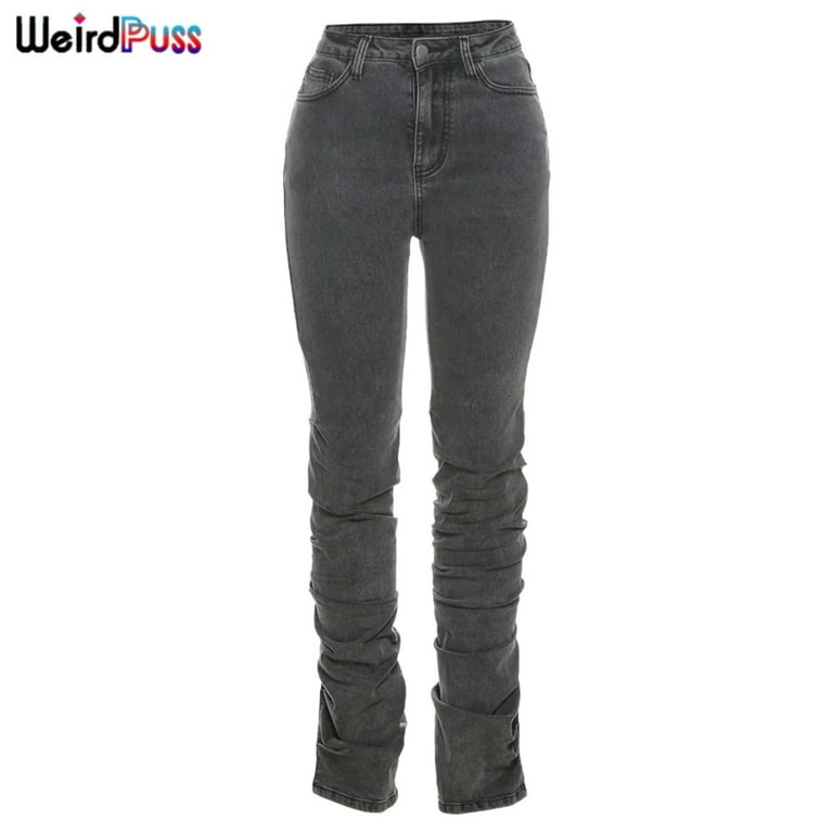 Weird puss Y2K Stacked High Waist Jeans Women Cotton Split Skinny Denim  Pants Autumn Trend Wild Street Casual Stretch Trousers 