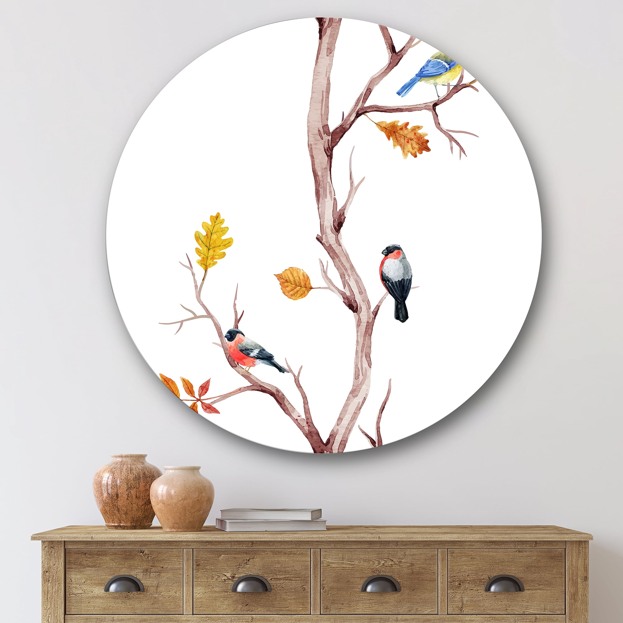 Designart 'Little Birds Sitting On The Tree Branches IV' Traditional Circle Metal Wall Art 36x36 - Disc of 36