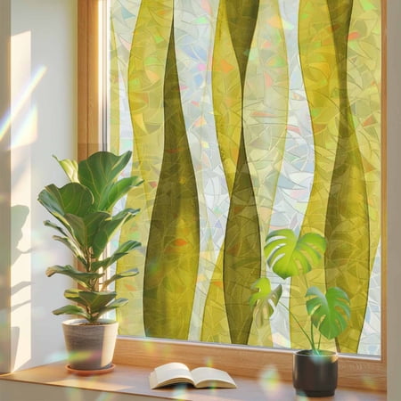 Window Privacy Film Yellow Water Waves Stained Glass Window Film Ombre Abstract Strips Rainbow Static Window Clings for Glass Windows Home Bathroom Living Room Office Glass Door Sticker 17.7 39.3