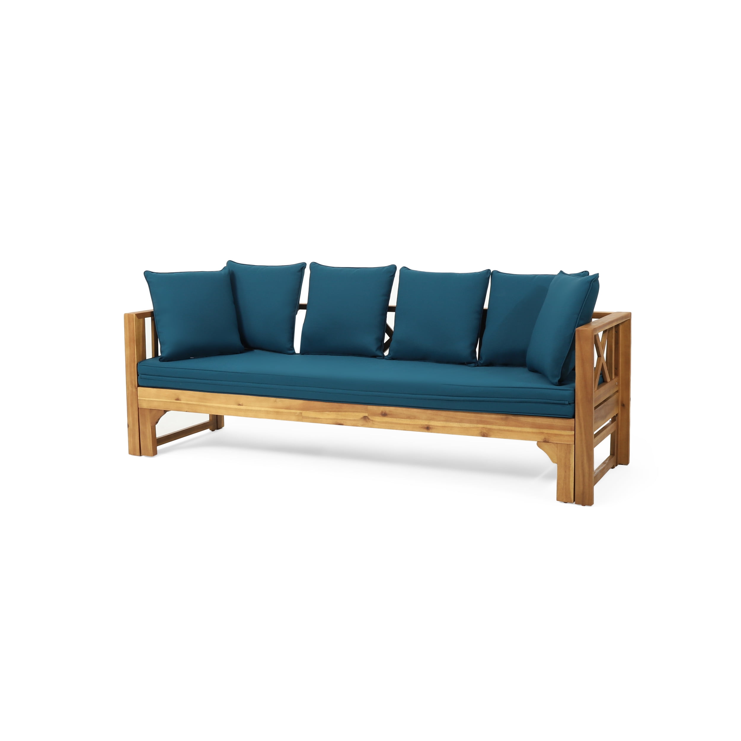 Camille Beach Outdoor Extendable Acacia Wood Daybed Sofa, Teak, and Dark Teal