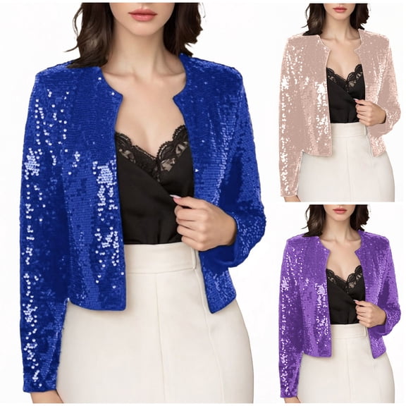 Hueook Blazer For Women Sequin Suit Jackets Single-Breasted Women Round Neck Long Sleeve Fashion Sequin Open Front Party Cropped Blazer Casual Versatile Jacket Top Gold XL