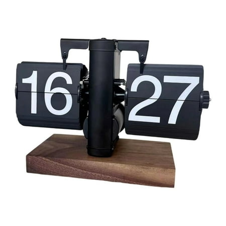 Contemporary Retro Flip Clock Auto Time Display Metal Wood Quiet Office Decor