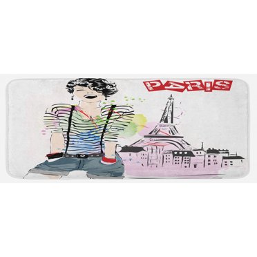 Eiffel Tower Kitchen Mat, Sketch of Laughing Girl in Front of Eiffel Tower Paris Happiness Stain, Plush Decorative Kitchen Mat with Non Slip Backing, 47" X 19", Multicolor, by Ambesonne