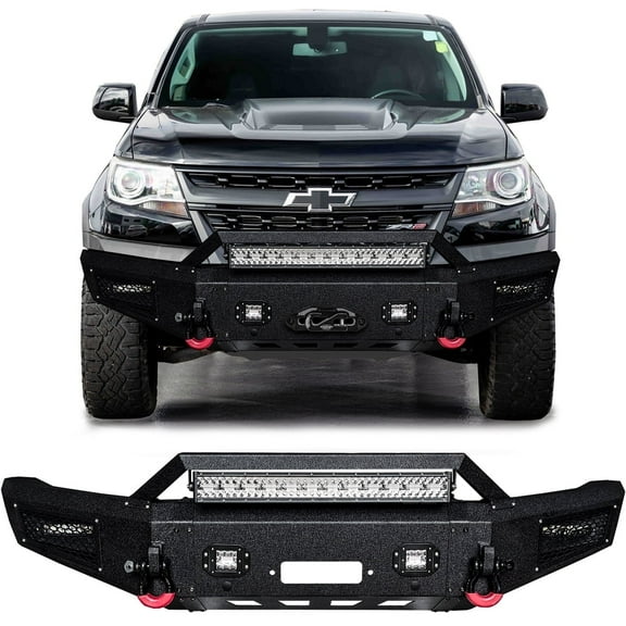 Vijay Compatible with 2017-2018-2019-2020 Chevrolet Colorado ZR2 Front Bumper Textured Black Steel with Lights and D-rings