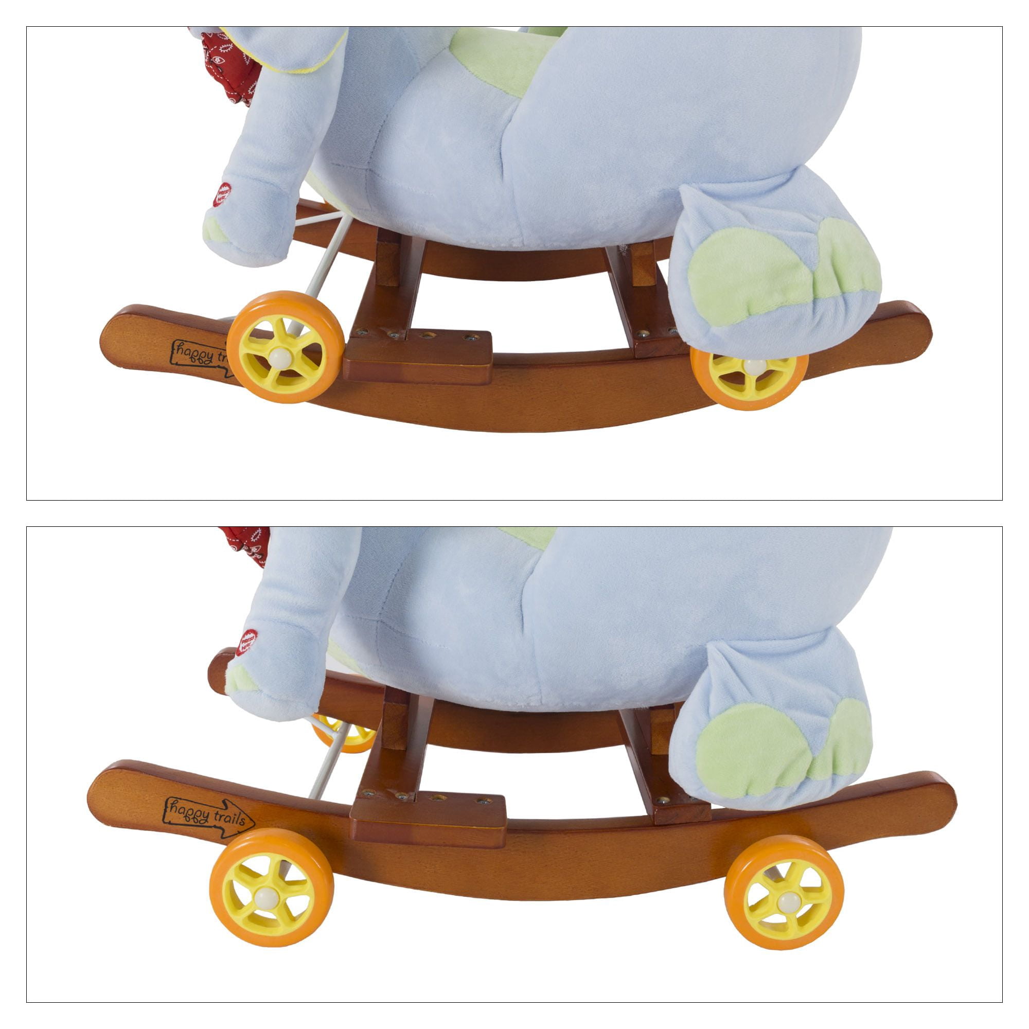 Rocking Horse Plush Animal 2-in-1 Wooden Rockers; Wheels, Seat AND Seat Belt and Sounds, Ride on Toy for Babies 1-3 Years, by Happy Trails