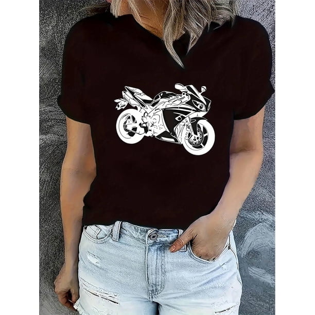 Camiseta De Verano Mujer1pc Women'S Casual Crew Neck T-Shirt with Geometric Motorcycle Print, Polyester Knit Fabric, Medium Stretch, All-Season Fashion TopFather's Day, Mother's Day, New Year, Sprin