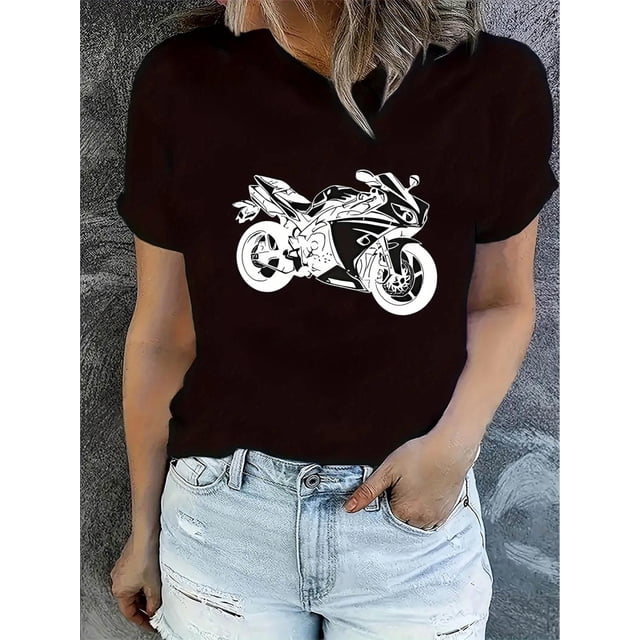 Camiseta De Verano Mujer1pc Women'S Casual Crew Neck T-Shirt with Geometric Motorcycle Print, Polyester Knit Fabric, Medium Stretch, All-Season Fashion TopFather's Day, Mother's Day, New Year, Sprin