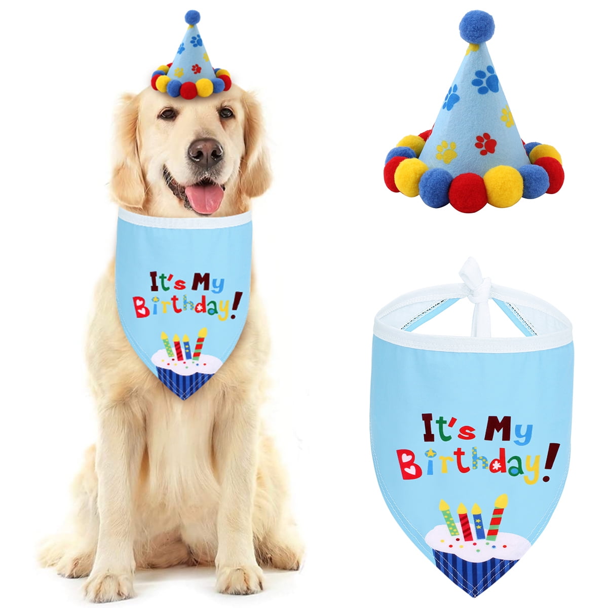 Dog Cat Birthday Bandana & Hat Set Pet Puppy Costume Gift Accessories Blue/Pink