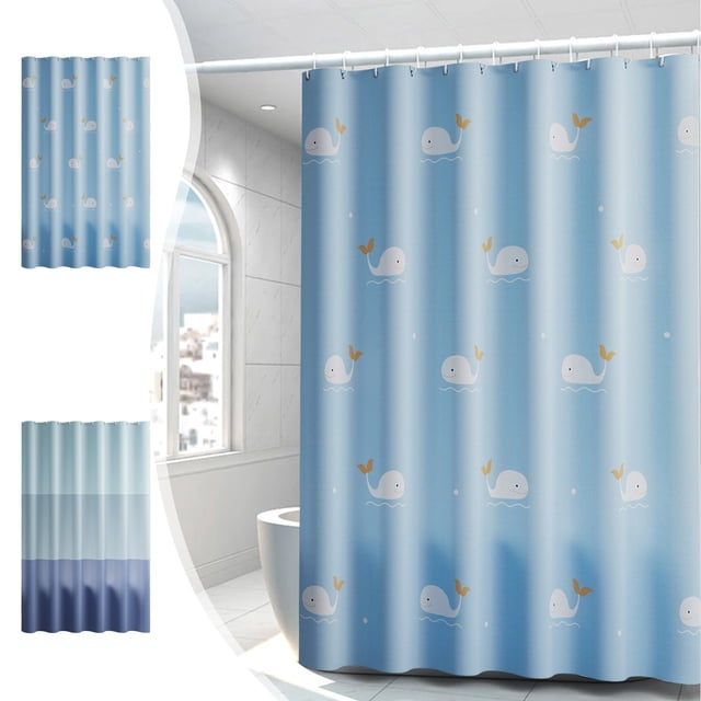 Cortina de Ducha Impermeable con Degradado Azul Claro y Delfines Azules | Material Plástico | 80 × 180 Cm | 7 Anillas para Colgar | Decoración para Baño, Cocina y Aseo