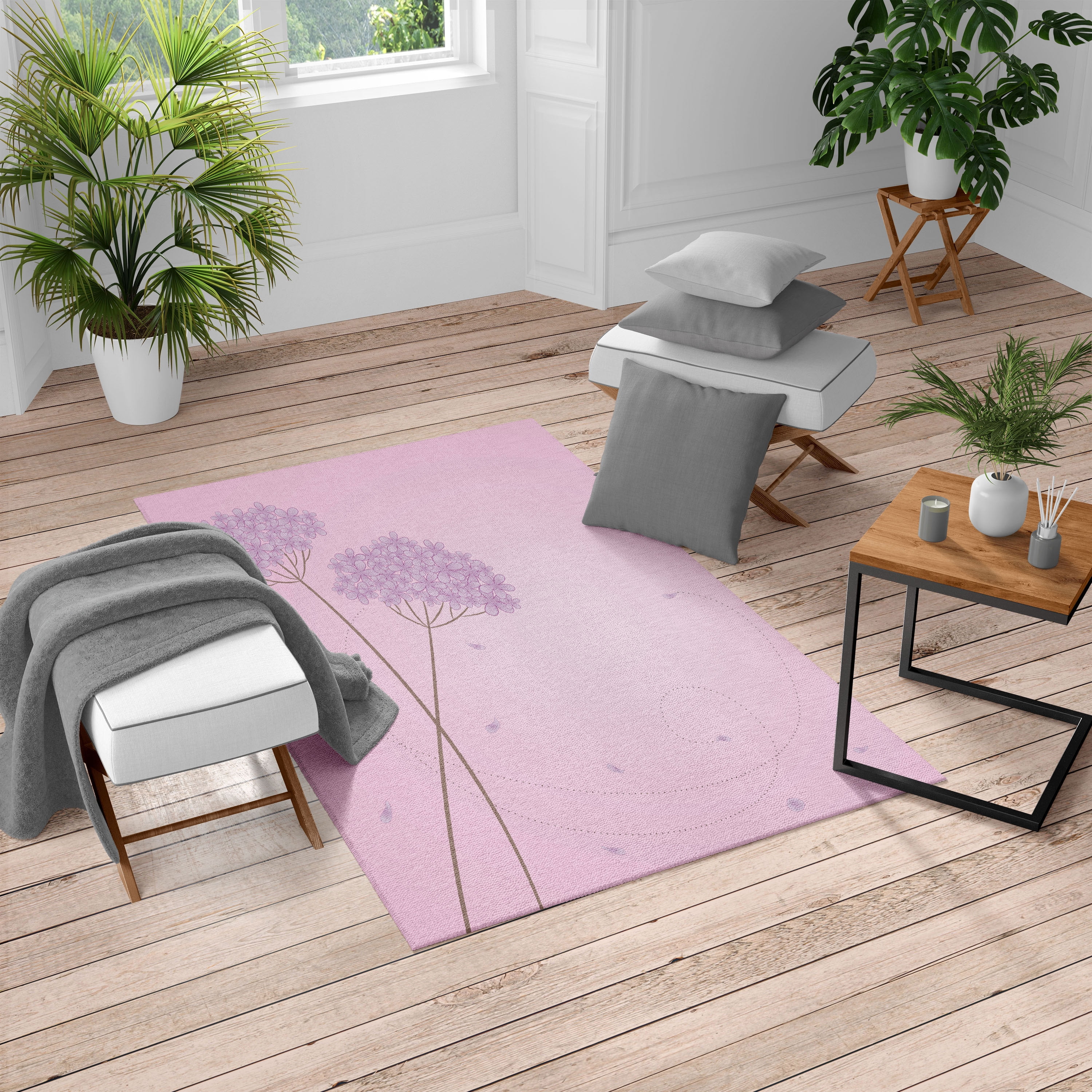 Allium Flower Turkish Area Rug Floral Design With Swirl Lines Falling Leaves Autumn Inspired Soft Carpet For Living Room Decor With Distressed Look 4 X 5 7 Pale Pink By Ambesonne Walmart Com