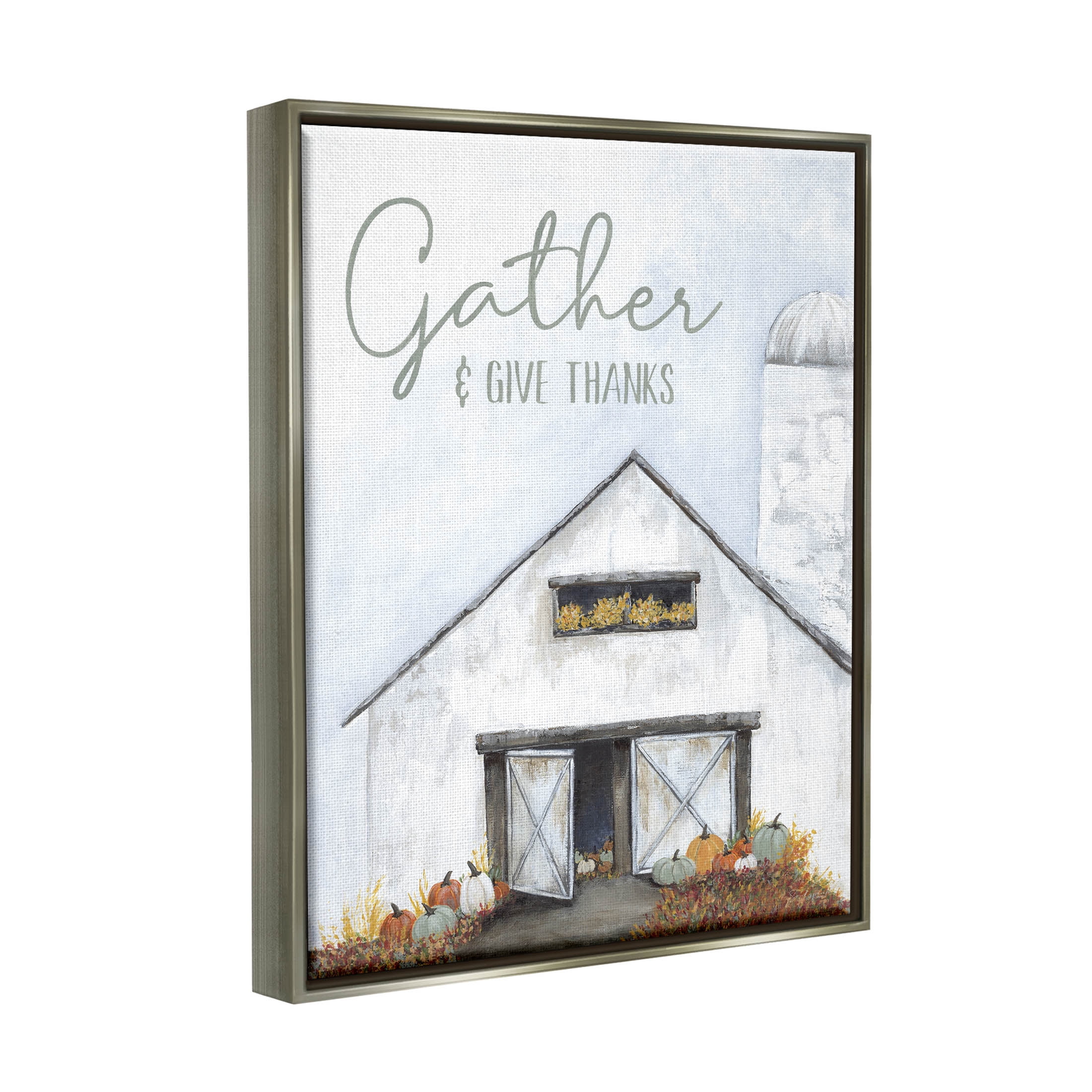 Gather & Give Thanks Autumn Barn Holiday Graphic Art Luster Gray Framed Art Print Wall Art
