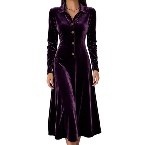 Women Collared Button Front Velvet Midi Dress, Long Sleeve High Waist A Line Flowy Dress, Elegant Vintage Formal Guest Dress for Wedding Holiday Cocktail Party,Dark Purple,L