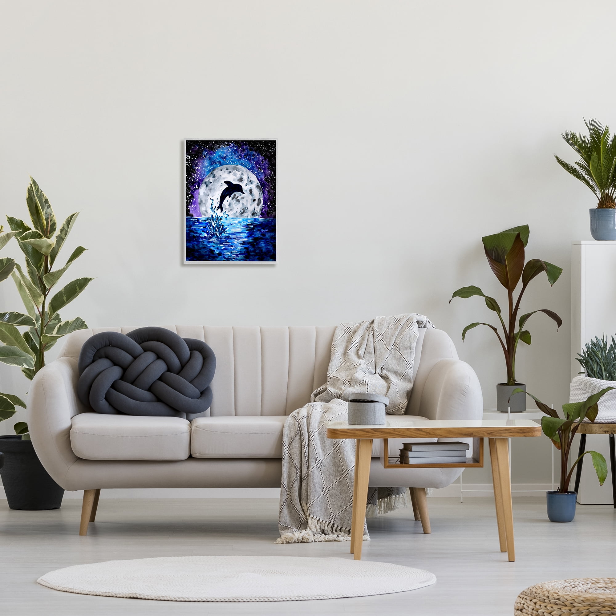 Stupell Industries Dolphin Full Moon Splash Animals & Insects Painting Gray Framed Art Print Wall Art, 16 x 20