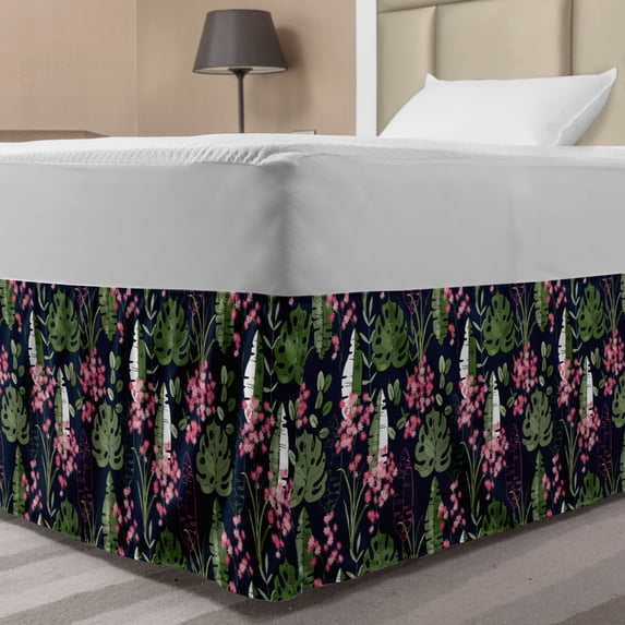 Botanical Bed Skirt, Pink Tropical Flowers and Green Exotic Leaves on Dark Blue Background Natural Art, Elastic Bedskirt Dust Ruffle Wrap Around for Bedding Decor, 4 Sizes, Multicolor, by Ambesonne