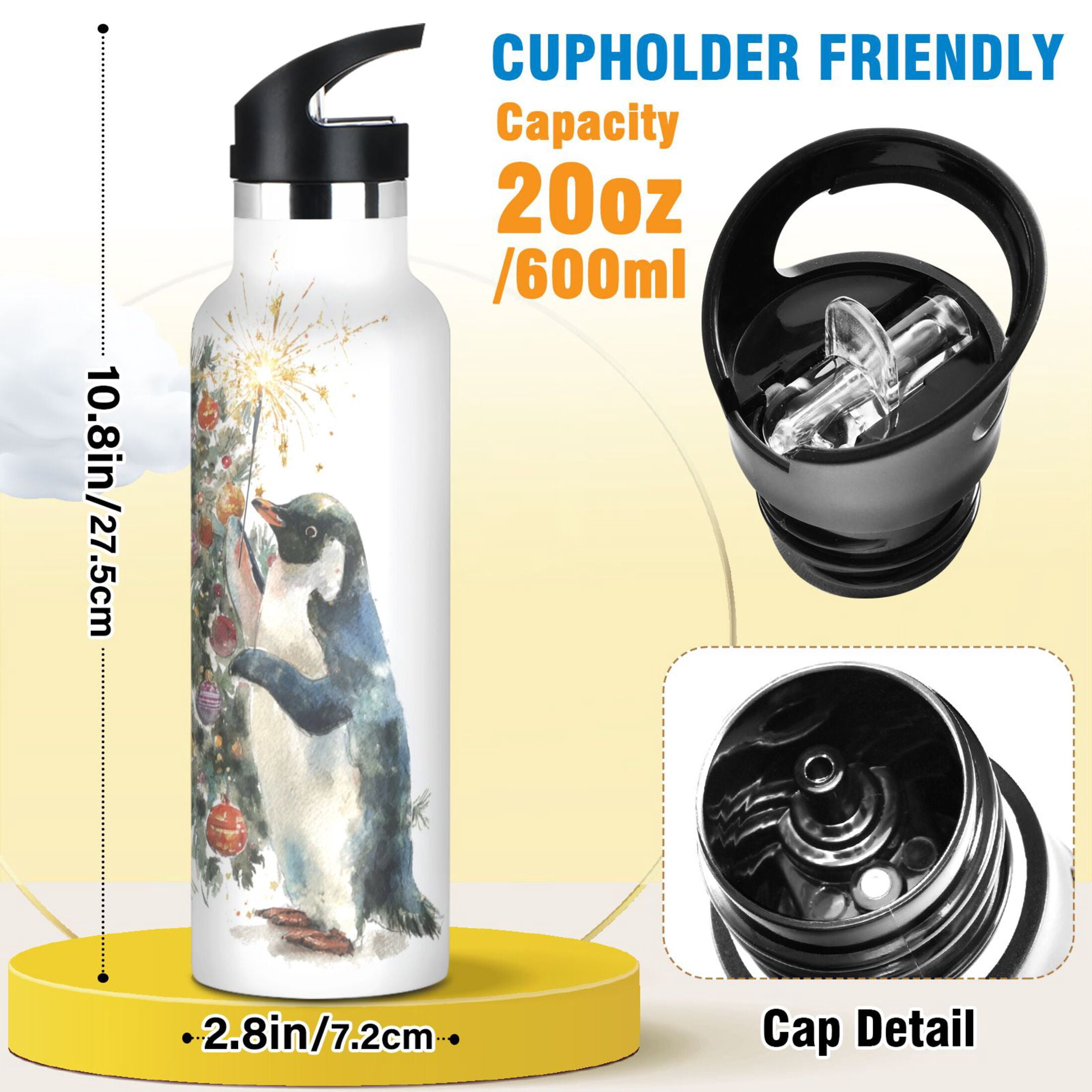 600ML Stainless Steel Insulated Cup Sports Water Bottle Portable Thermos Cup Water Glasses Insulated Tumblers Convenient and Durable Two Christmas Penguins