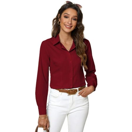 Atnlewhi Women Basic Long Sleeve Button Down Shirts Simple Pullover, Wine Red, M