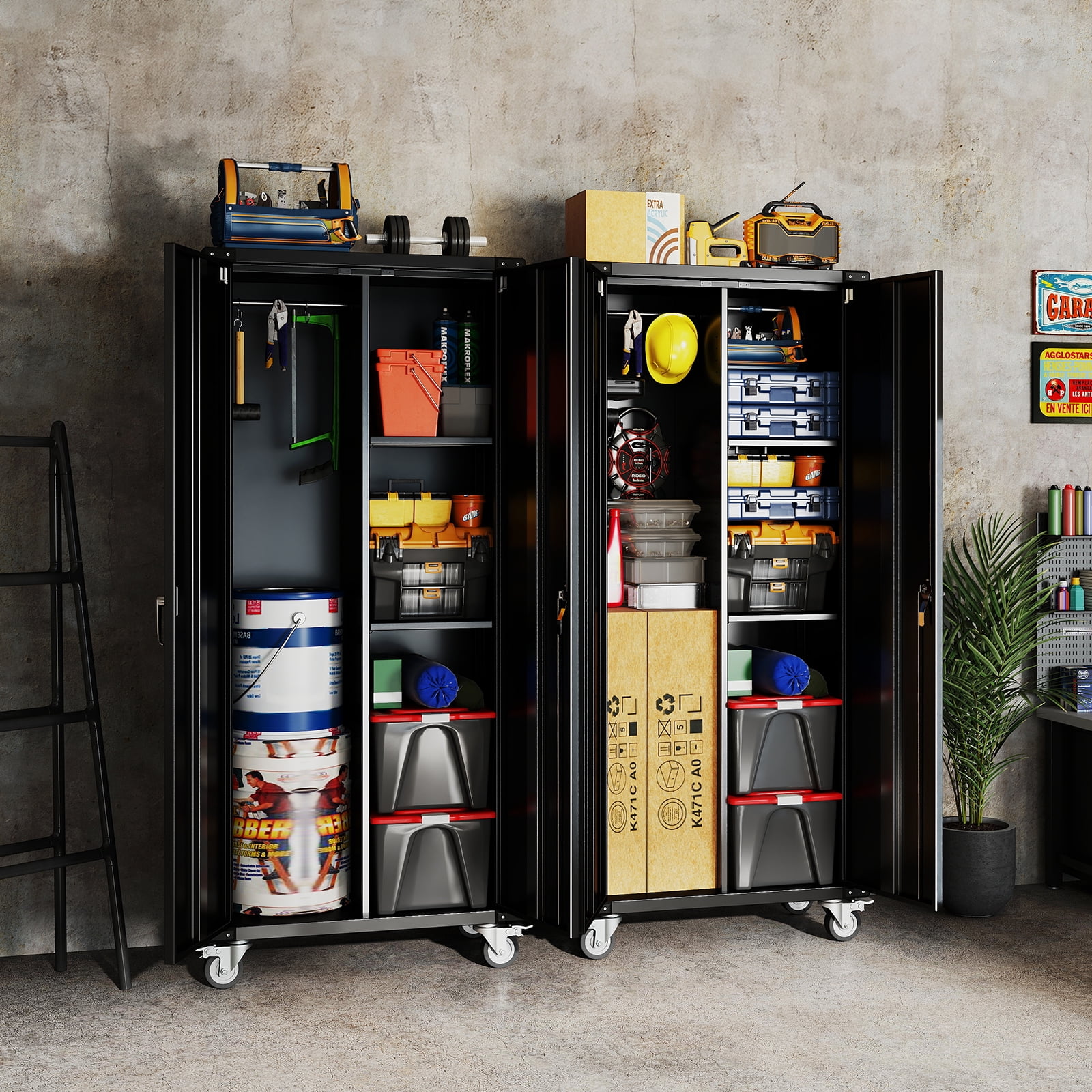 MCQ Metal Broom Storage Cabinet with Lock, Rolling Cleaning Tool Organizer for Mop, Dustpan, Garage, Laundry Room, 4 Lockable Casters, Easy Assembly