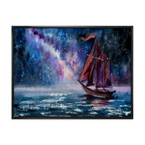 Designart 'Red Sails & Bright Night Sky With Wooden Sailboat' Nautical & Coastal Framed Canvas Wall Art Print