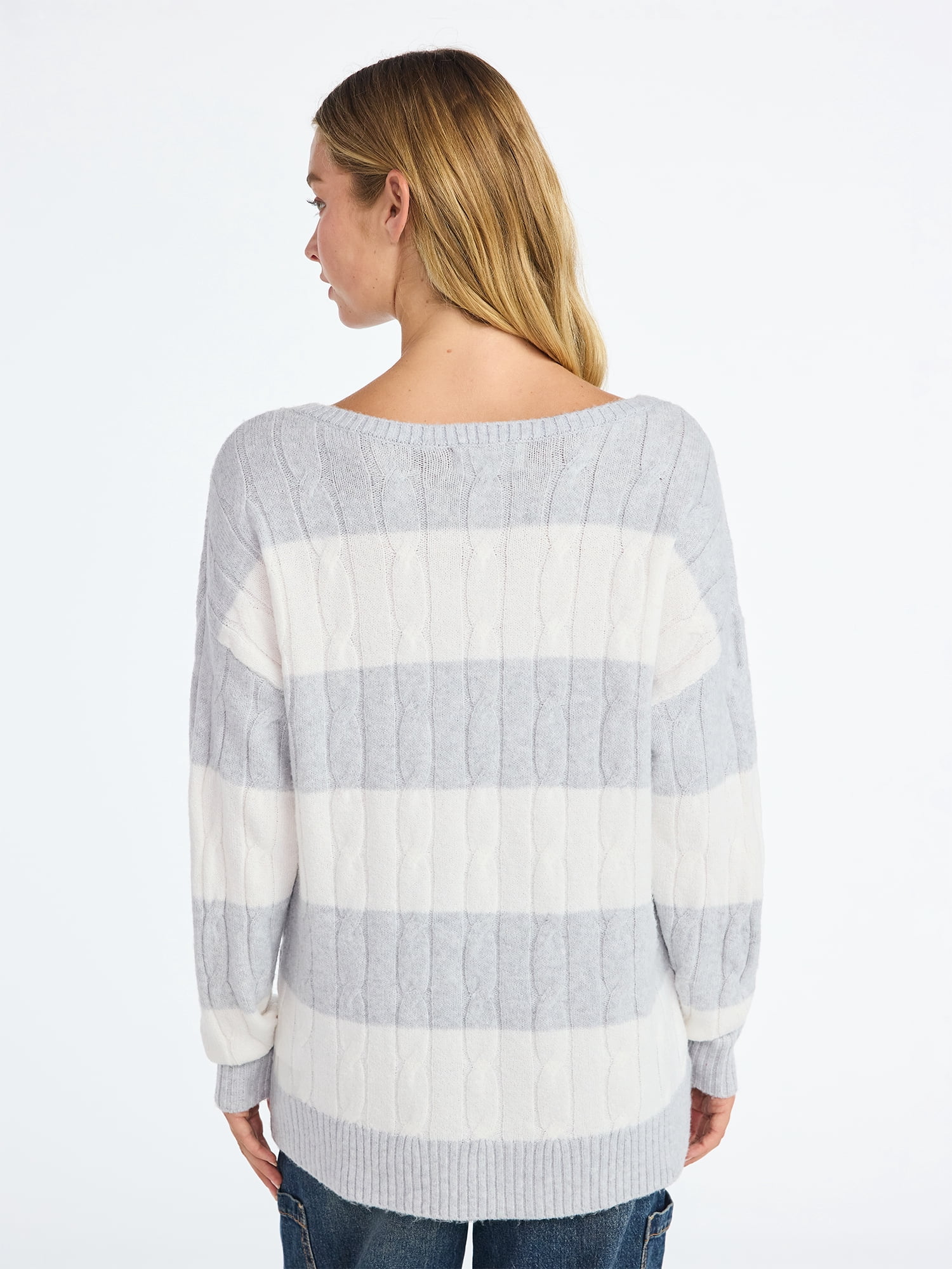 No Boundaries Boatneck Pullover Cable Knit Sweater, Lightweight, Women's