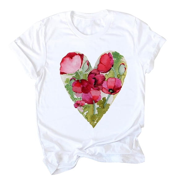 JINMGG Womens Tops under $5 Valentine's Day Love Heart Floral Soft Printed Short Sleeves Shirts Top Blouses Green S