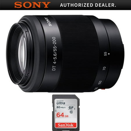 Sony DT 55-200mm f4-5.6 Compact Telephoto Zoom A-Mount Lens (SAL55200) with Sandisk Ultra SDXC 64GB UHS Class 10 Memory