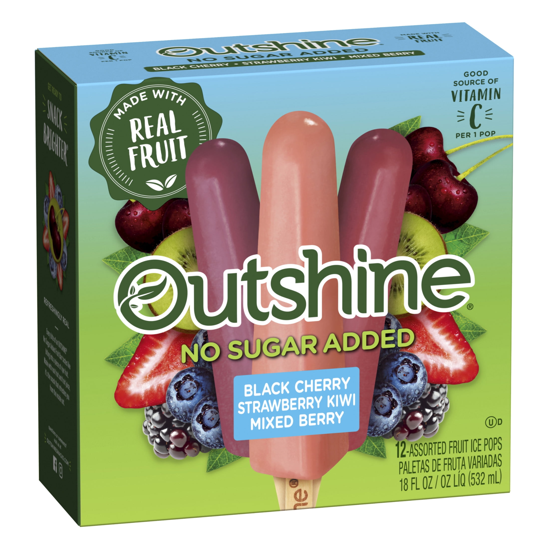 Outshine No Sugar Added Black Cherry, Strawberry Kiwi, and Mixed Berry Frozen Mini Fruit Pops, Variety Pack, 12 Count