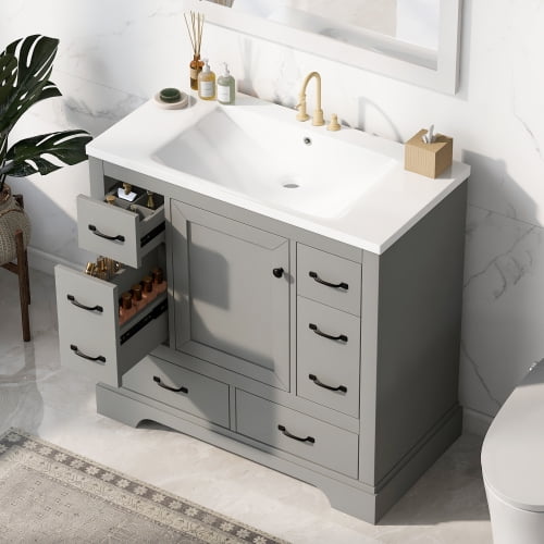 36-inch Bathroom Vanity with Sink, Modern Vanity with 6 Drawers & Adjustable Shelf, Freestanding Storage Cabinet with Drawer Divider, Grey
