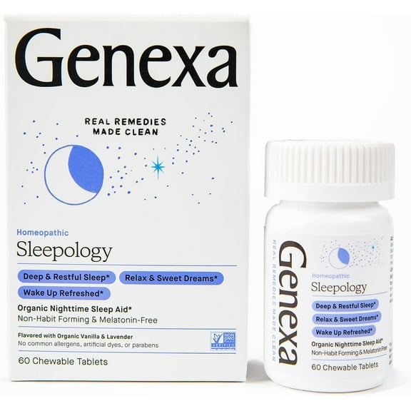 Genexa Sleepology for Adults | Melatonin Free Sleep Calm Aid |Soothing Natural Vanilla & Lavender Flavor | Certified Organic & Non-GMO | Homeopathic Remedy Made Clean | 60 Chewable Tablets