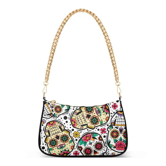 Womens Chain Shoulder Bag Skulls Roses Floral Classic Tote Handbags Fashion Clutch Hobo Purse with Zipper for Travel Casual