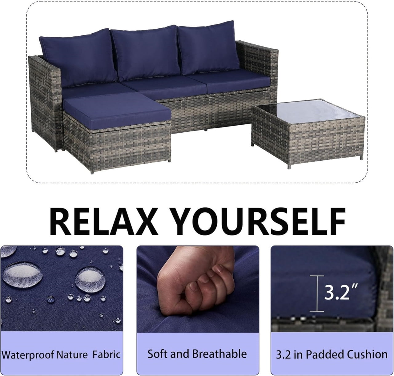 3-Piece Patio Furniture Set with Coffee Table, Outdoor L-Shaped Sectional Sofa Set with Ottoman, Wicker Outdoor Conversation Set for Backyard Poolside