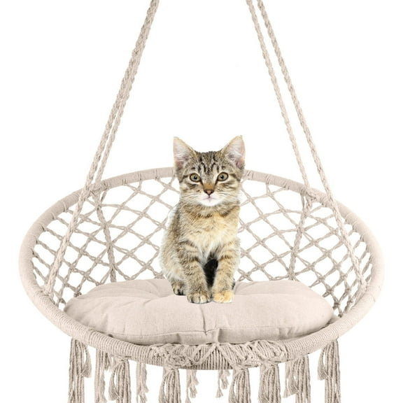 Swing Hammock Chair,Handmade Knitted Hanging Chair with Comfy Cushion, Boho Hanging Chair for Outdoor & Indoor, Perfect for Bedroom, Patio, Balcony, Hold up to 330Lbs, Beige