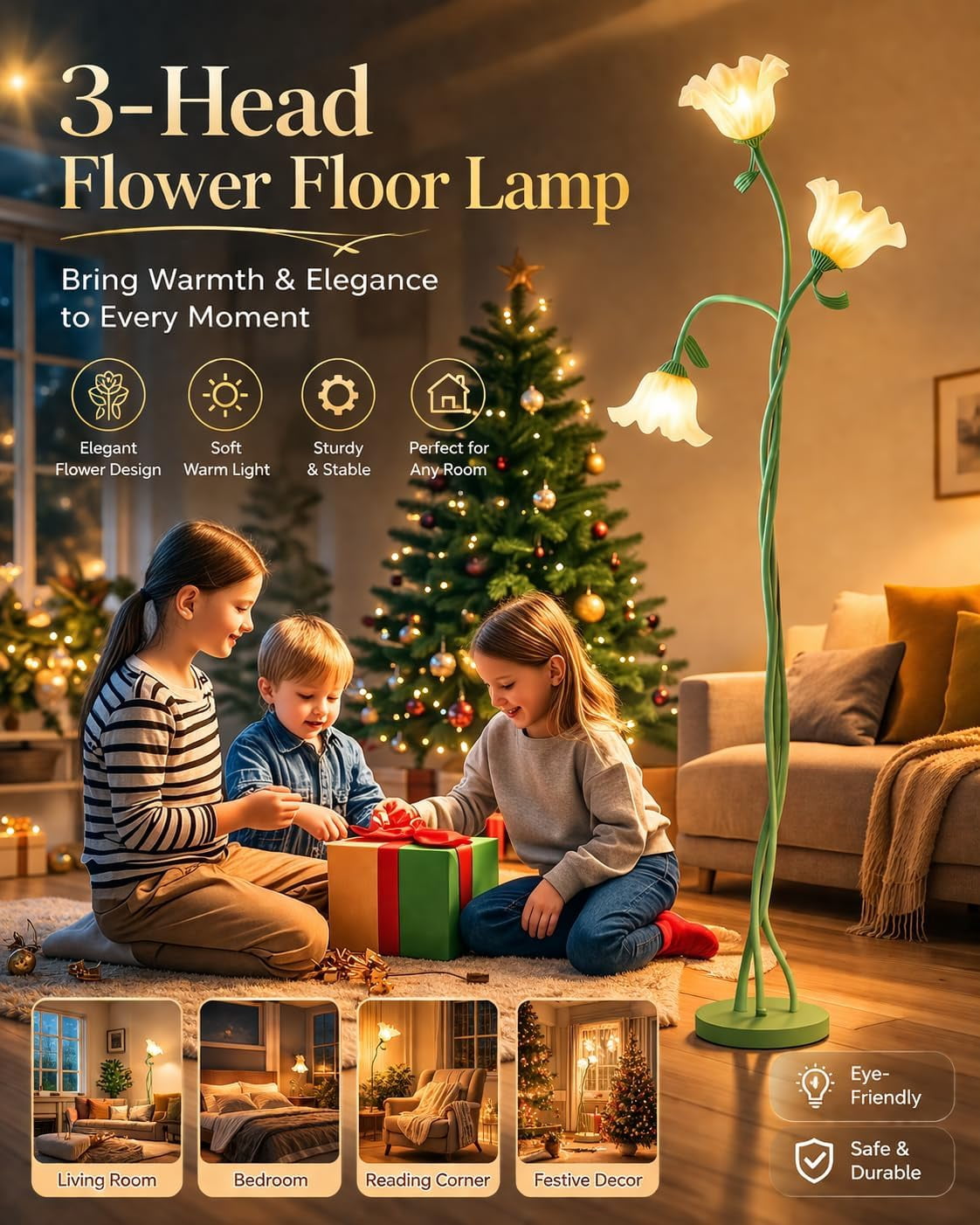 Flower Floor Lamp - Retirement Gift for Woman, LED Standing Lamp for Living Room 3 Color Modes Flexible Gooseneck Corner Light with LED Bulb for Home Bedroom Office Decor (Green)