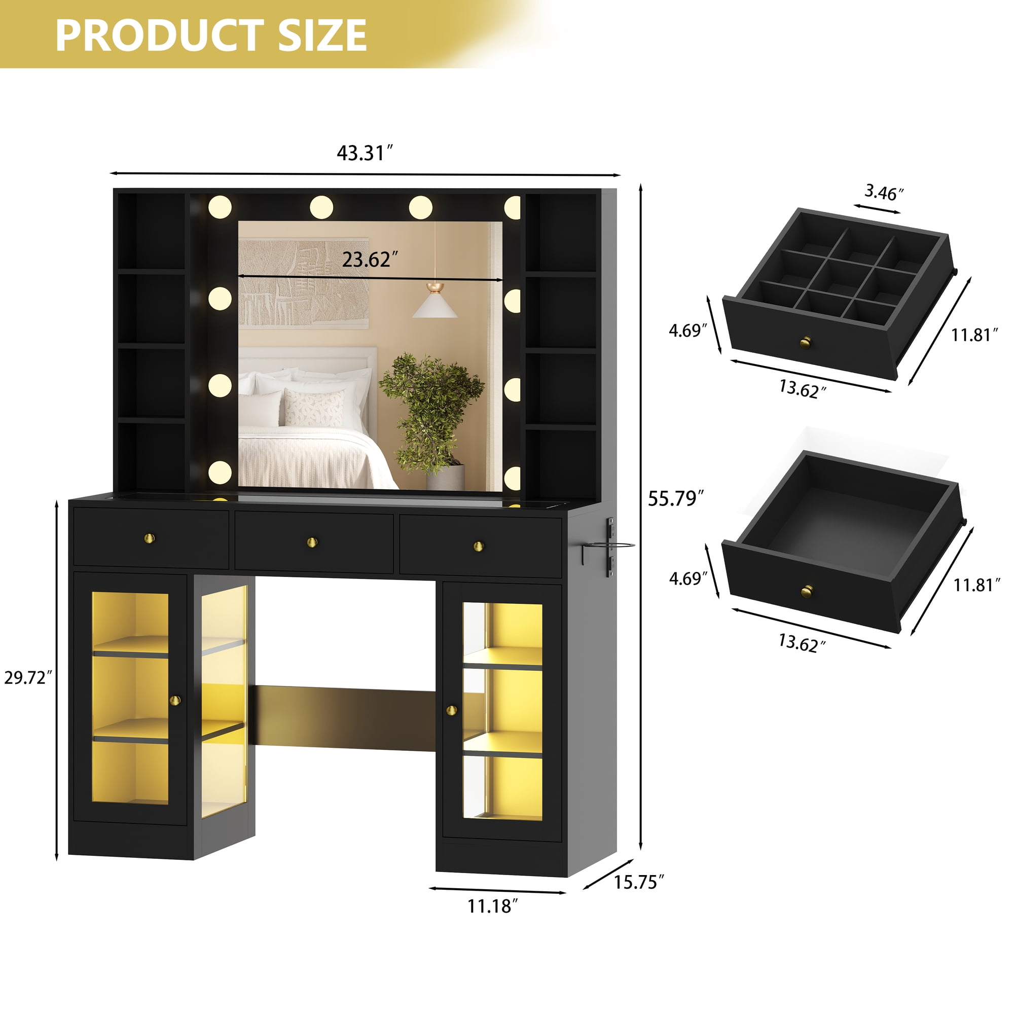 Vanity Desk with Mirror and Lights, Glass Top Vanity with Lighted Mirror & RGB Glass Cabinet and 3 Drawers, Makeup Vanity Desk with Lights Dressing Table for Bedroom, 3 Color Modes
