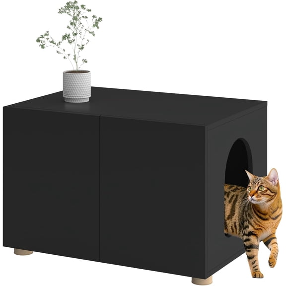 Cat Litter Box Enclosure, Litter Box Furniture, Stylish Modern Litter Box Cabinet, Wooden Cat House, End Table, Nightstand (Black)