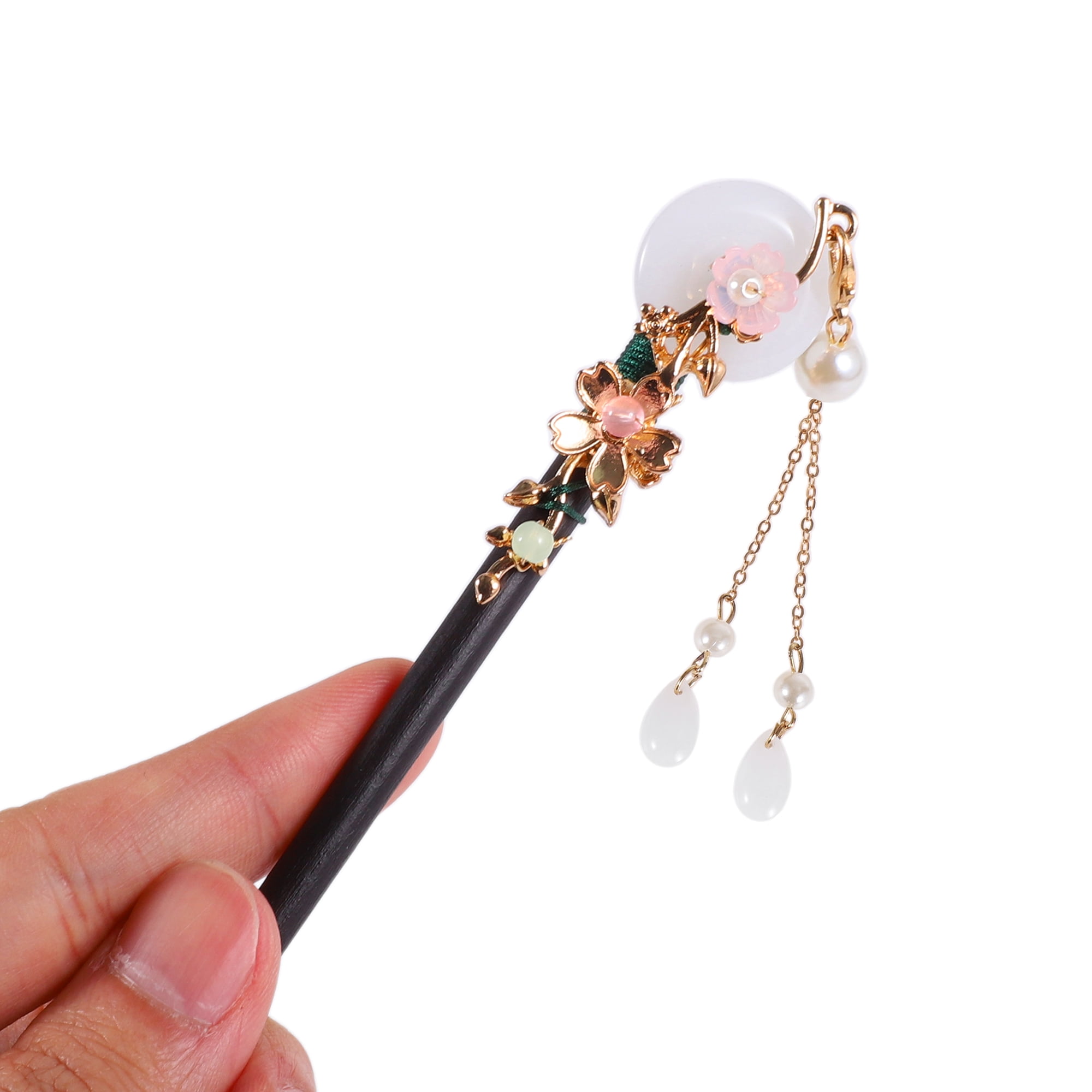 Unique Bargains Gardenia Tassel Hair Chopstick Black White Pink 1 Pc Large Jade buckle