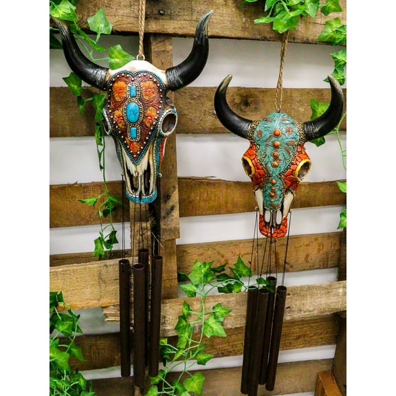 Set Of 2 Southwest Boho Chic Turquoise Ember Floral Scroll Cow Skull Wind Chimes