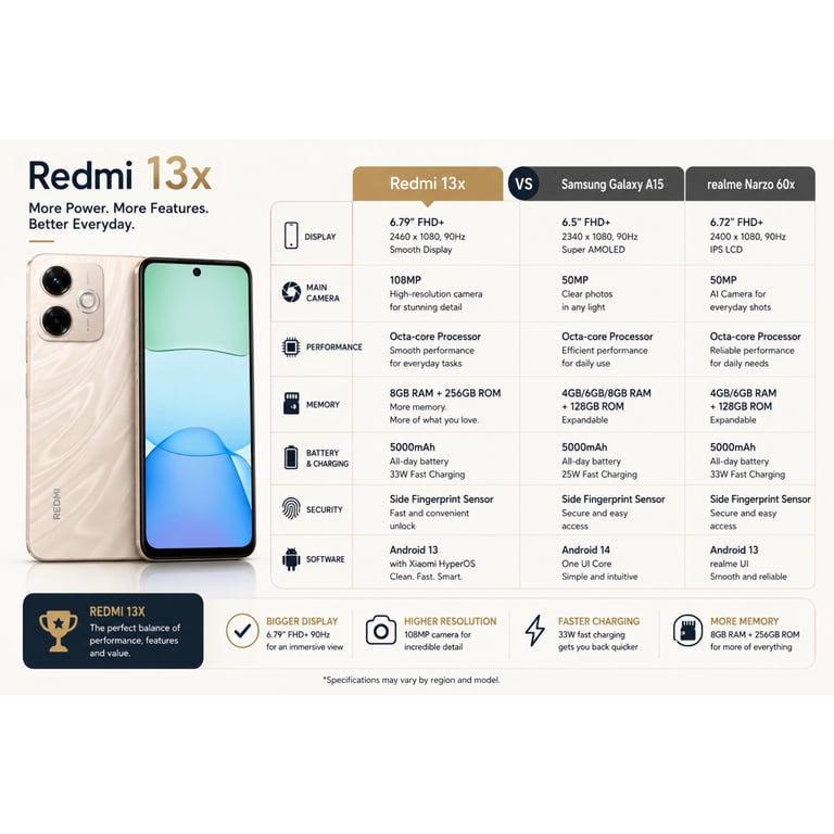 Xiaomi Redmi 13X 4G 256GB ROM 8GB RAM Dual SIM GSM Unlocked - Gold Xiaomi Redmi 13X 4G 256GB ROM 8GB RAM Dual SIM GSM Unlocked - Gold